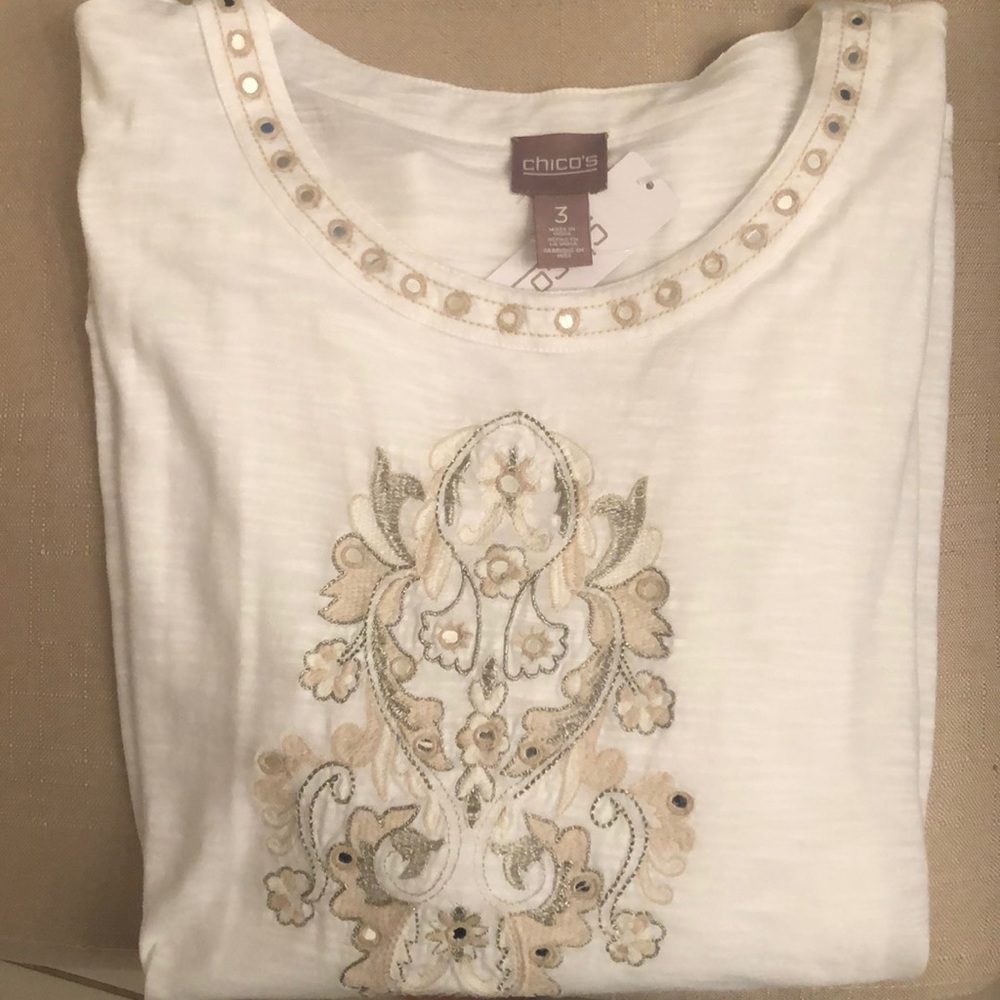 Chico’s 3/4 sleeve white embellished Top  3 NWT